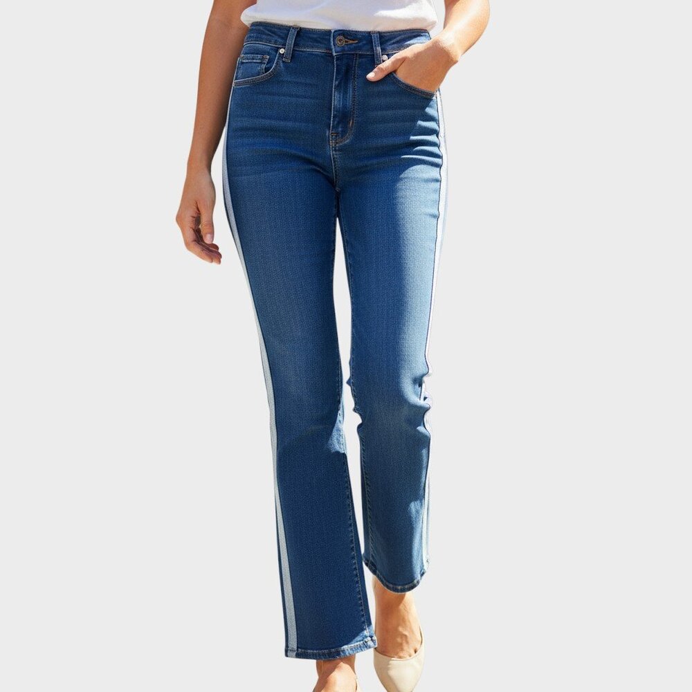 Broadcast Jeans Womens Medium Blue Side Stripe High Rise Straight Leg Stretch
